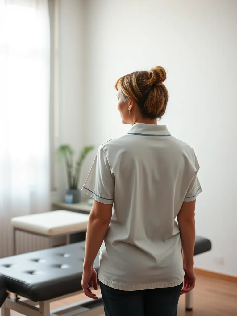 Claire, a woman in her forties in a light clinical polo shirt, standing beside a treatment couch and turned towards the window.