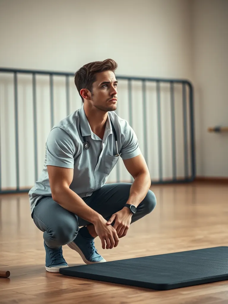 Tom, a lean man in his thirties in a short-sleeved clinic shirt, crouching beside an exercise mat in a bright room with wall bars behind him.