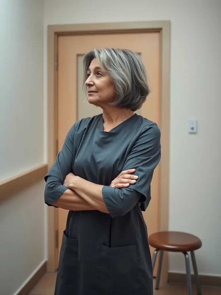 Ruth, a woman in her fifties with grey-streaked hair, in a clinic tunic with her arms folded, standing in a quiet treatment room.