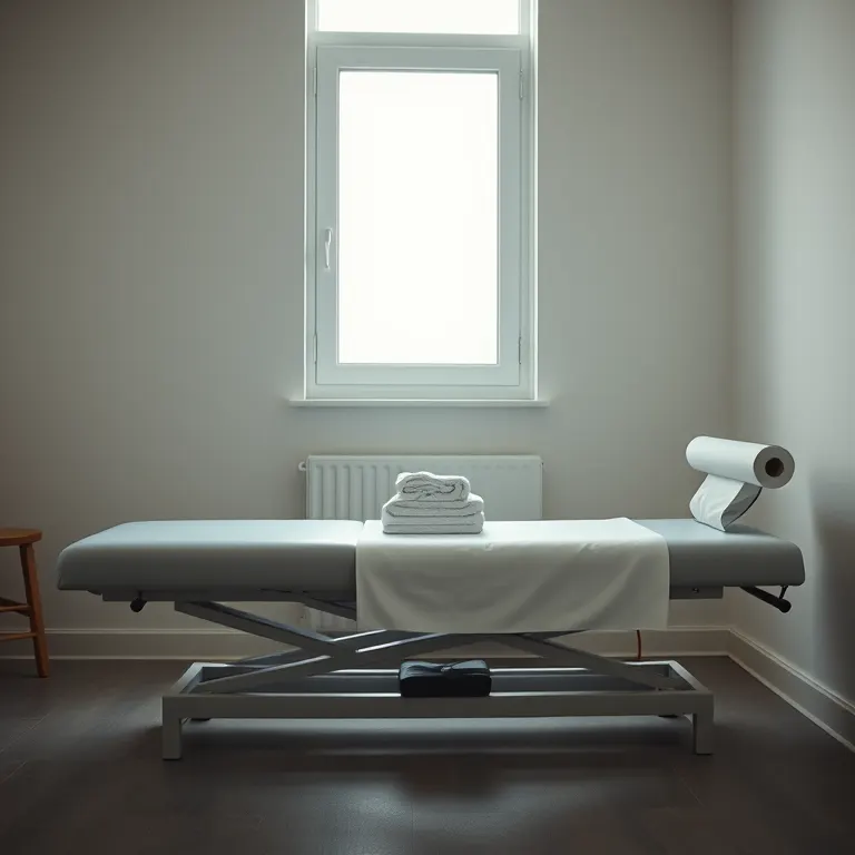 A treatment couch with clean folded towels beside a tall window, daylight falling across it.