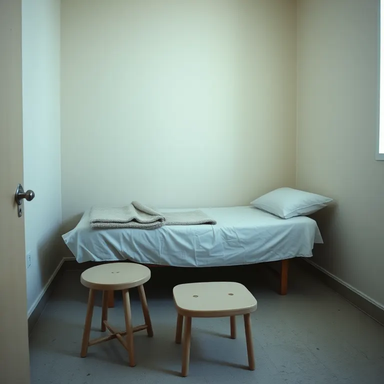 A small treatment room with a couch, a low stool and a folded blanket over the end of the couch, lit from one side.