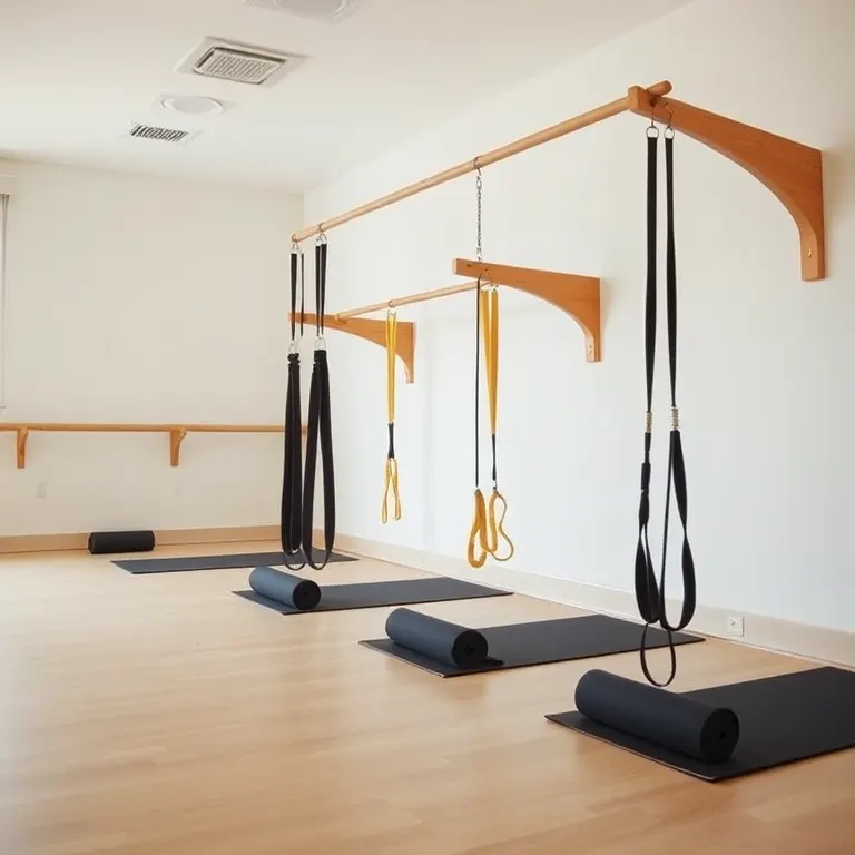 Wooden wall bars with resistance bands hanging from them, mats rolled at their foot, in a bright exercise room.