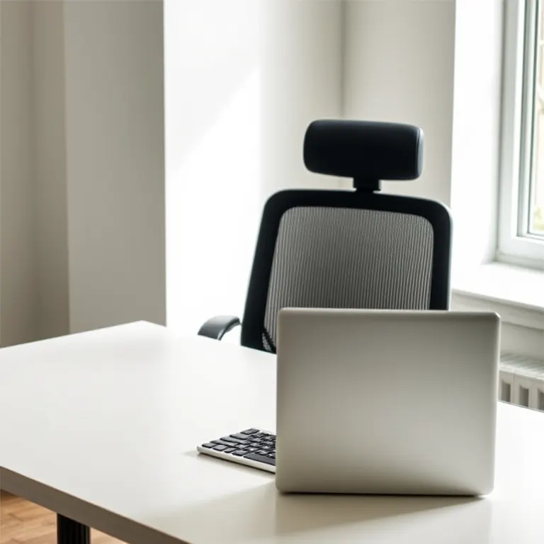 A desk set up for a seated posture assessment, with the office chair pulled back, a keyboard and a closed laptop.