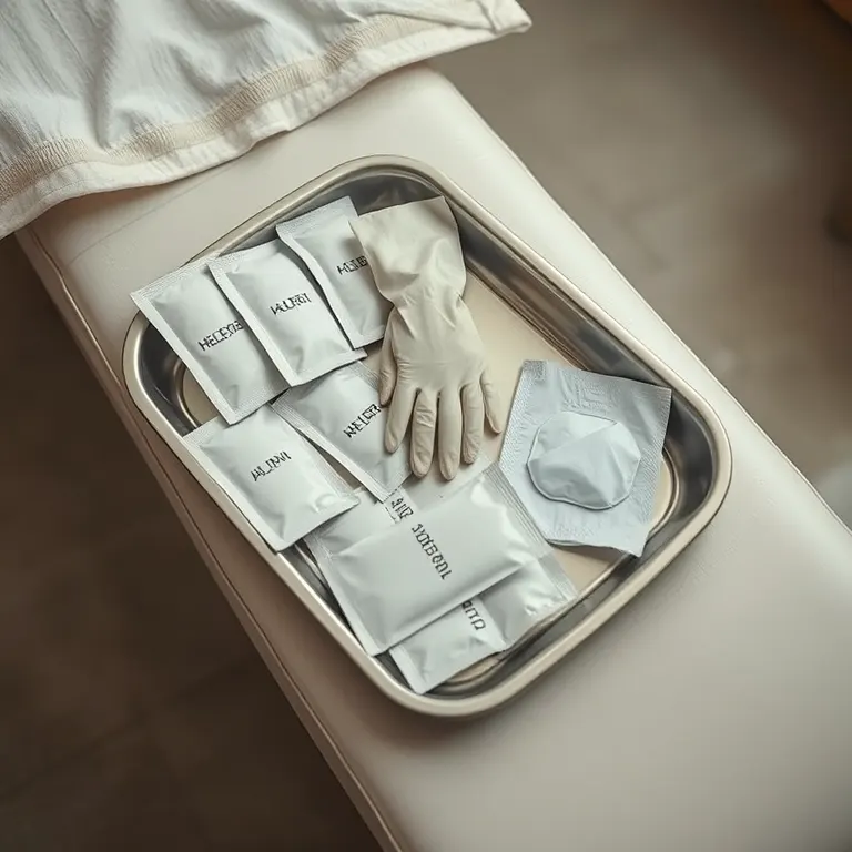 A stainless tray of dry needling supplies in plain packets, with gloves and a sterile wipe, seen from above.