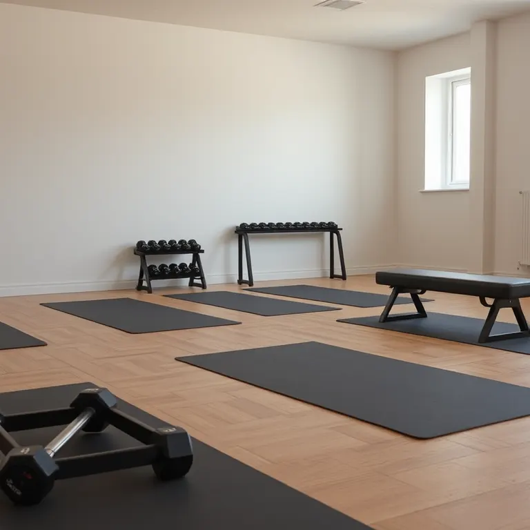 A floor exercise room with grey mats, dumbbells on a low rack and a padded bench, daylight from a side window.