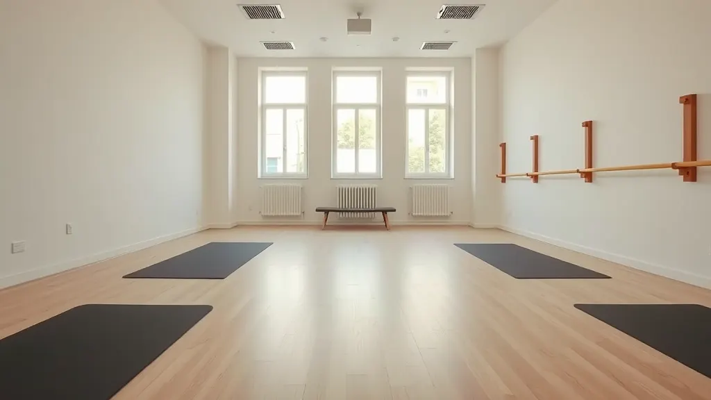 Our exercise room, with mats laid out on a light wooden floor, wooden wall bars at the far end and daylight from tall windows.