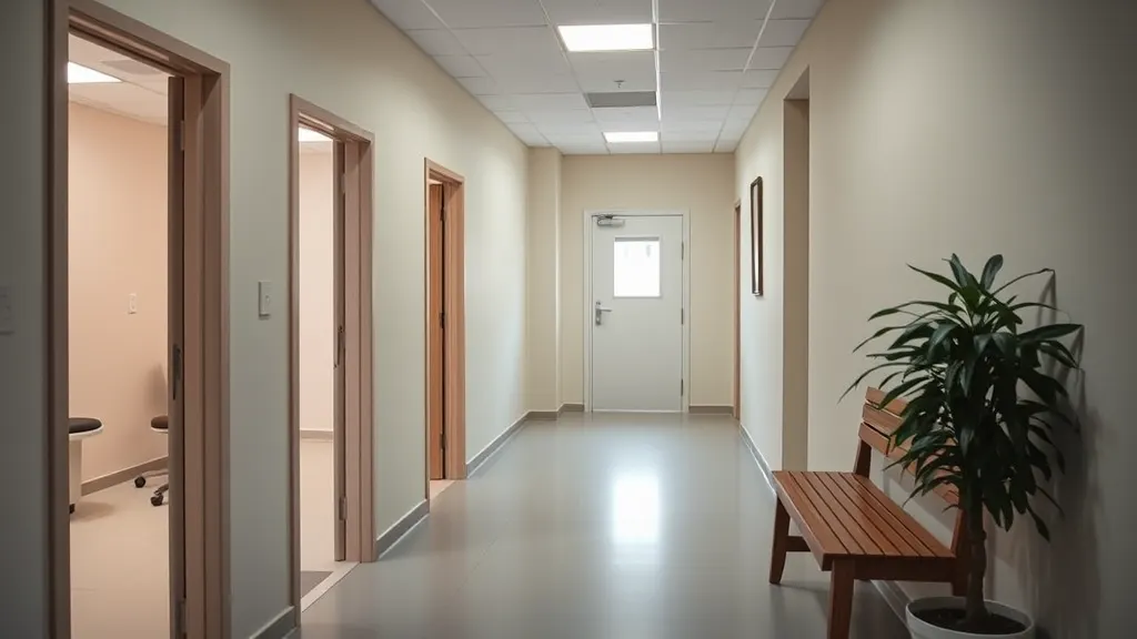 The corridor of the practice, with three open treatment room doors along one side, a wooden bench and a plant, daylight from the far end.